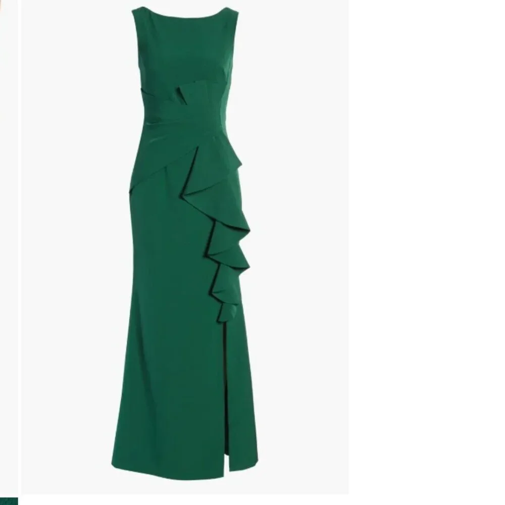 Eliza J Sleeveless Ruffle Front Floor Length Gown Hunter Green 12 - Picture 15 of 16